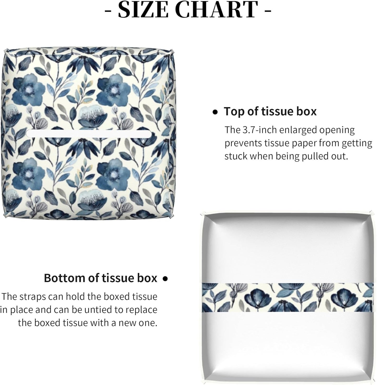 Watercolor Blue Floral Tissue Box Cover Square,Blue Flowers and Leaves Tissue Box Holder Waterproof Leather Facial Paper Organizer Dispenser for Bathroom Home Car Nightstand Vanity Desk