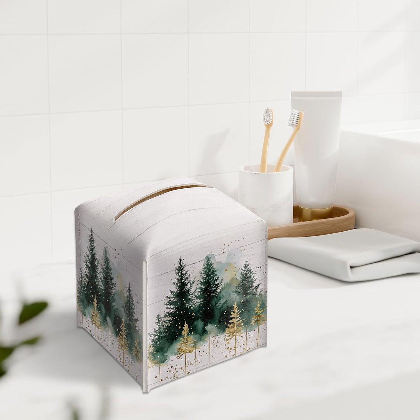 Winter Pine Tree Tissue Box Holder, Christmas Tree Leather Tissue Box Cover Square, Paper Facial Decorative Tissues Cover for Night Stands Bathroom Kitchen Office Home Decor-B17