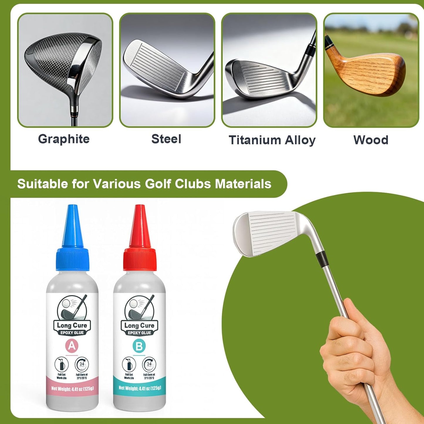 30min Golf Club Epoxy, 125+125ml Extra Strength Golf Shaft Epoxy, Applicable to All Clubheads, Drivers, Putters, and Irons, Compatible with Graphite and Steel Shafts (Long Cure)