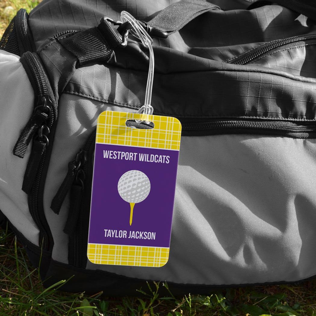ChalkTalkSPORTS Golf Luggage & Bag Tag | Personalized Team with Golf Ball | Standard Lines on Back | Large | Yellow/Purple