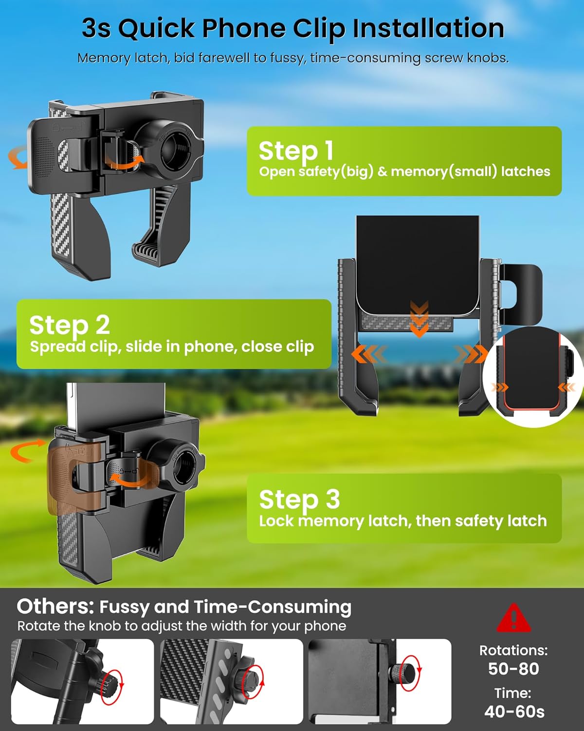 Golf Cart Phone Holder Mount - 3s Phone Clip Install, 1s Lock & Release，Phone Caddy for iPhone Galaxy & More Fits Yamaha Club Car EZGO Icon, Golf Cart Accessories Essentials Gift for Men Women