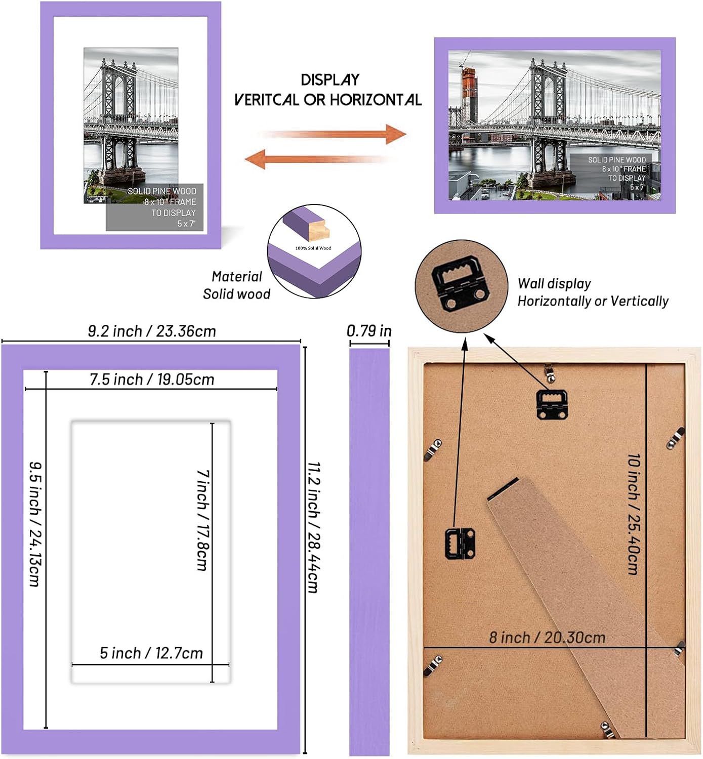 8x10 Picture Frames Solid Wood Display Pictures 5x7 With Mat or 8x10 Without Mat for Wall Mounting or Table Top (Purple)