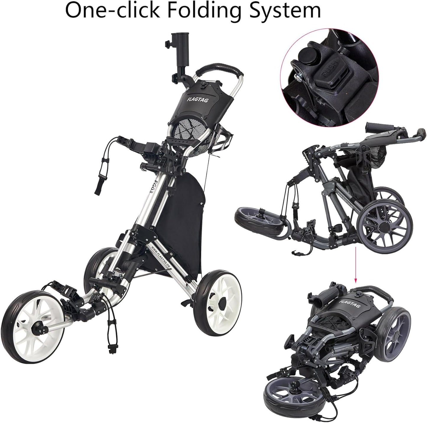 Golf Push Cart 3 Wheel,Foldable Golf Push Cart,Golf Bag Cart with Foot Brake,Umbrella Holder, Cup Holder, Storage Compartment