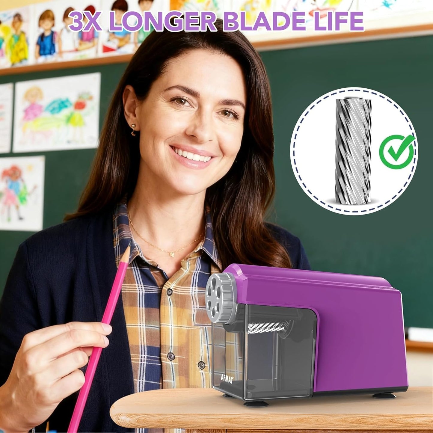 AFMAT PSD4 Electric Pencil Sharpener Heavy Duty, 6 Holes, Cordless & Rechargeable, Super Fast, Auto Stop, 10K+ Uses, Classroom Pencil Sharpener for 6-11mm No.2/Large/Colored Pencils, Purple