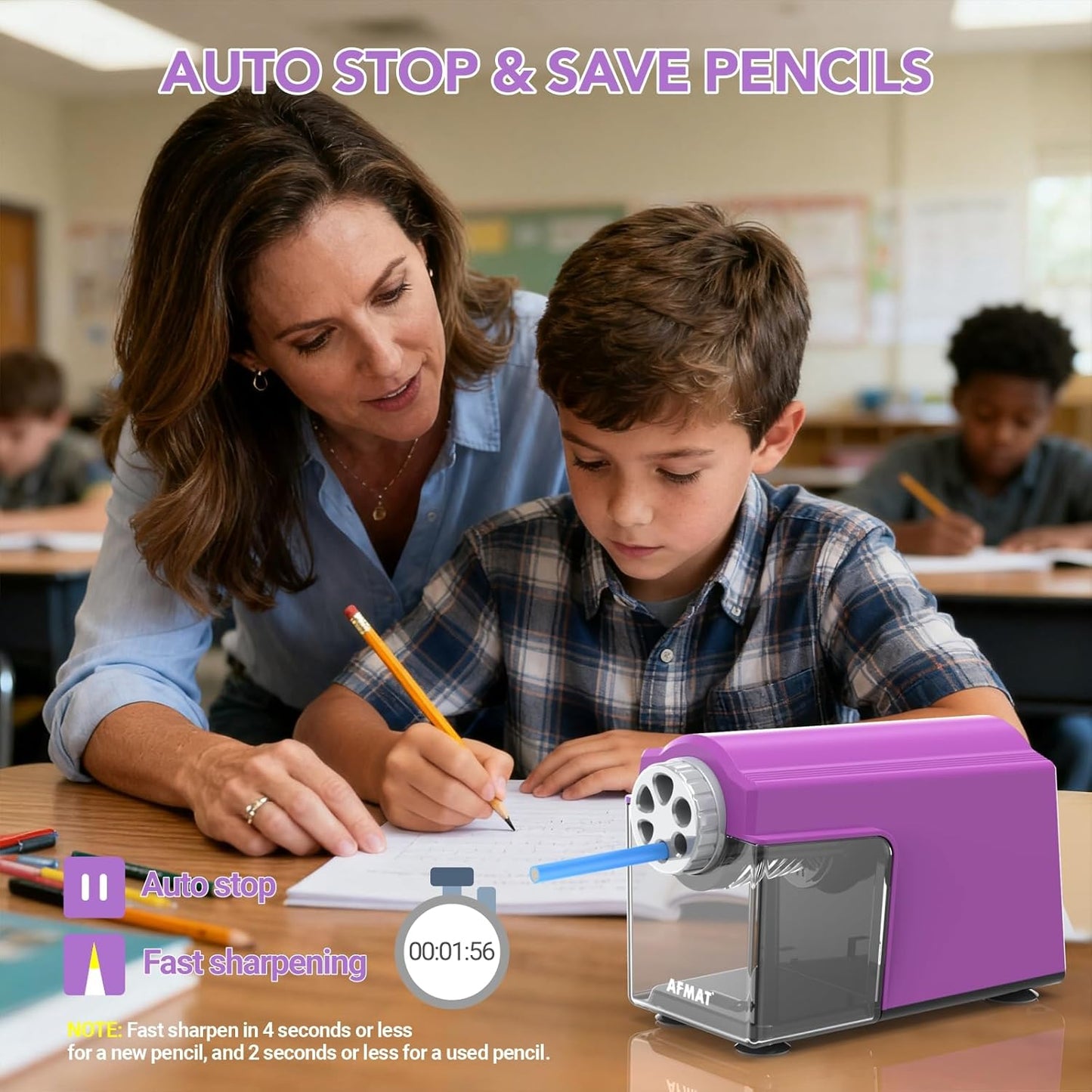 AFMAT PSD4 Electric Pencil Sharpener Heavy Duty, 6 Holes, Cordless & Rechargeable, Super Fast, Auto Stop, 10K+ Uses, Classroom Pencil Sharpener for 6-11mm No.2/Large/Colored Pencils, Purple