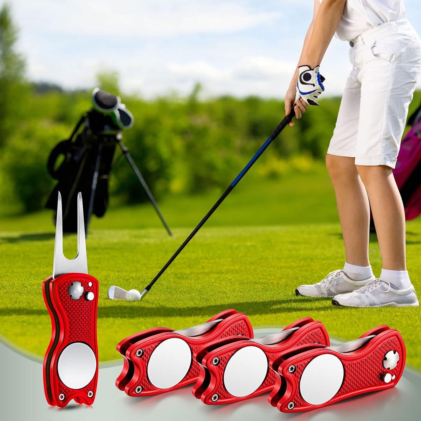 Skylety 4 Pcs Golf Divot Repair Tool Metal Foldable Golf Divot Tool with Magnetic Pop-up Button Ball Marker Stainless Steel Switchblade for Golfers Prizes