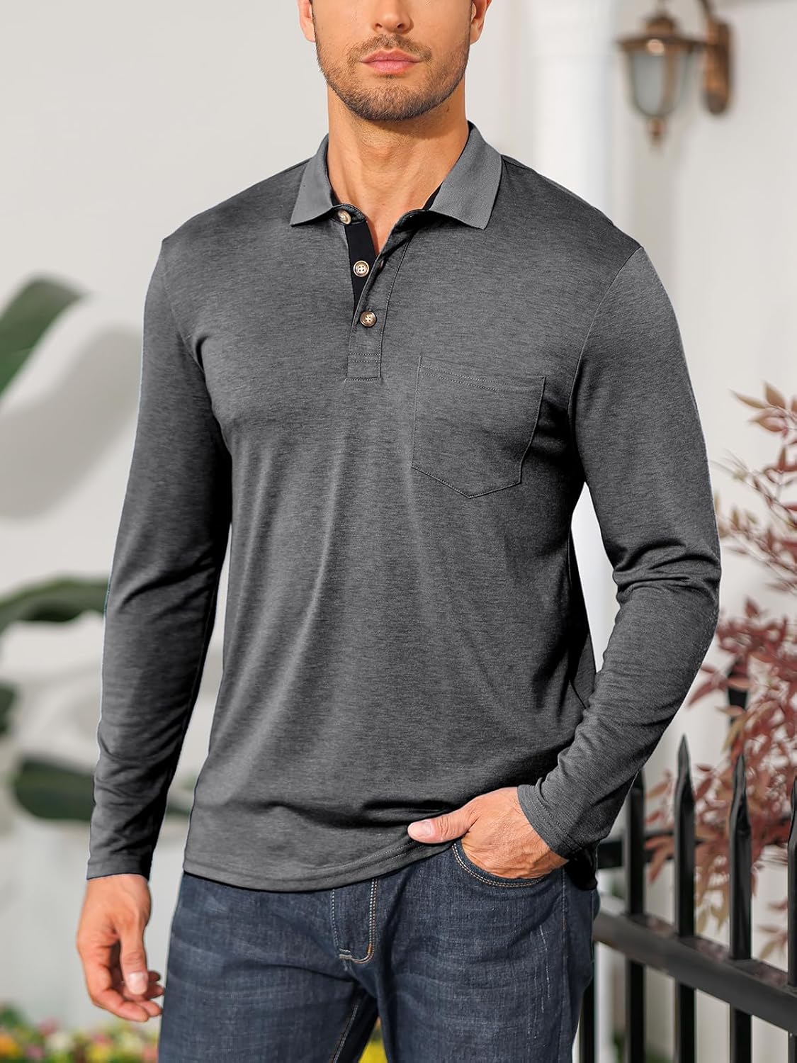 Mens Long Sleeve Polo Shirts Casual Moisture Wicking Golf Polo Shirts with Pocket