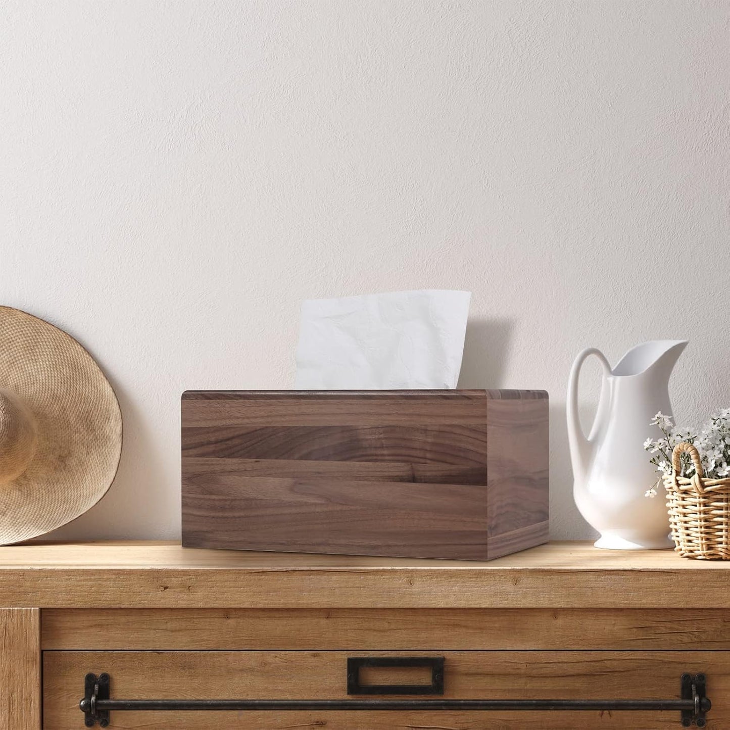 Walnut Wood Tissue Box Cover with Slide-Out Bottom - Rectangular for Bathroom, Bedroom, Dinner Table, Office