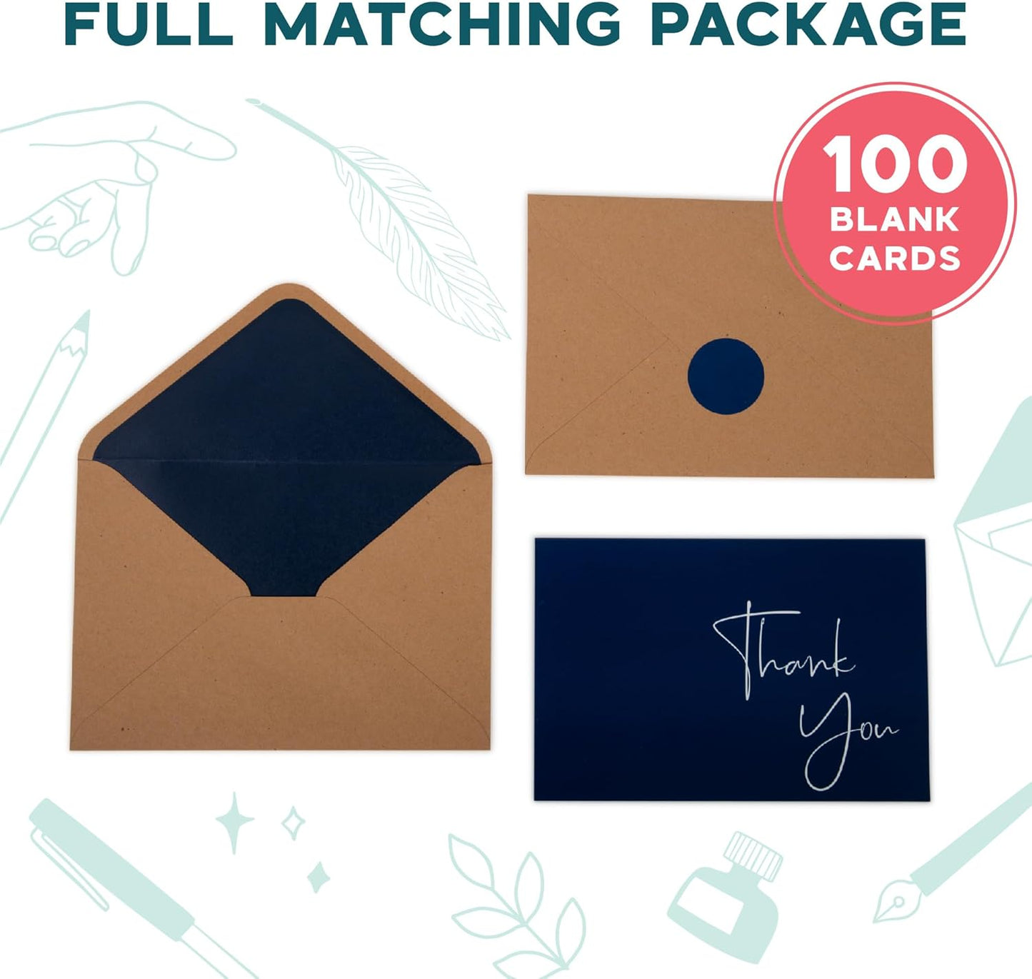 VNS Creations Thank You Cards With Envelopes Bulk Set & Stickers - 100 Pack 4x6 Blank Thank You Notes Bulk Box Set - Large Note Card Small Business, Wedding, Baby Shower & Bridal Shower - Navy Blue