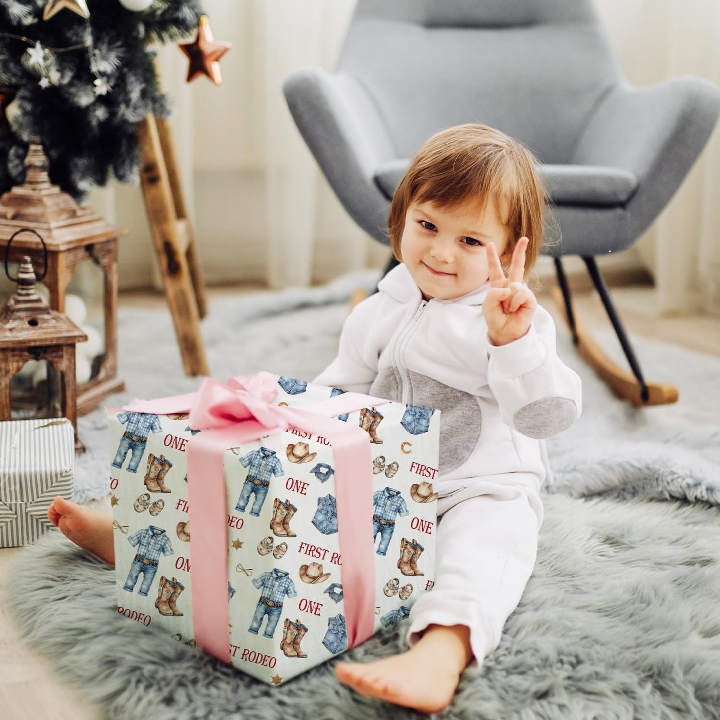 MJSXY Cowboy Wrapping Paper for Boy, My First Rodeo Party Favors with White Cowboy Theme for 1st Birthday, 5 Sheets Western Wrapping Paper 19.6x27.5 Inch, Western Themed Party Decorations