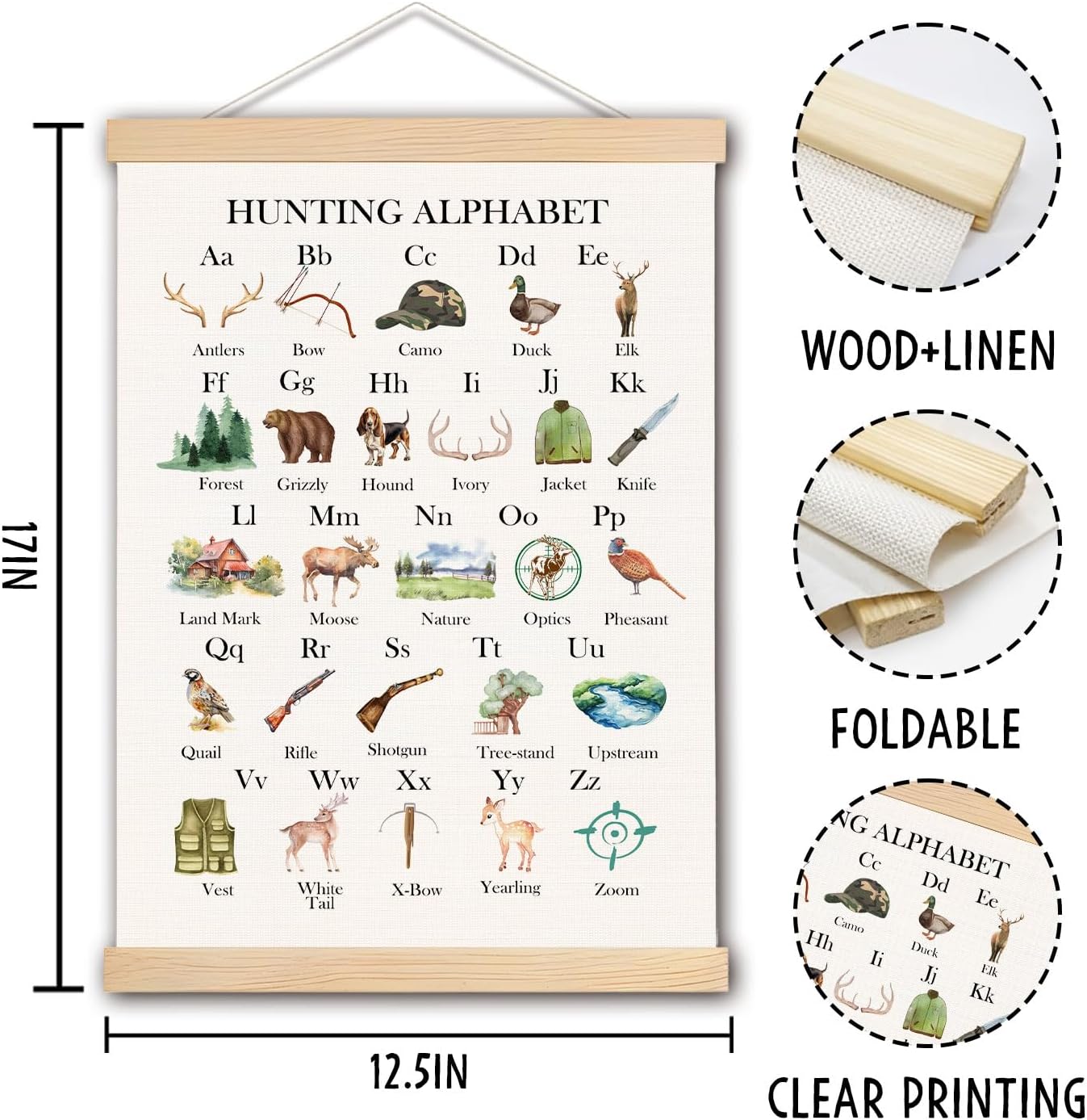 pouep Hunting Alphabet Nursery Wall Art Poster, Hunting Nursery Decor, Forest Animal ABC Alphabet Educational Canvas Prints Wall Decor for Kids Baby Toddler Boys Room Dorm, 12x16 Inches
