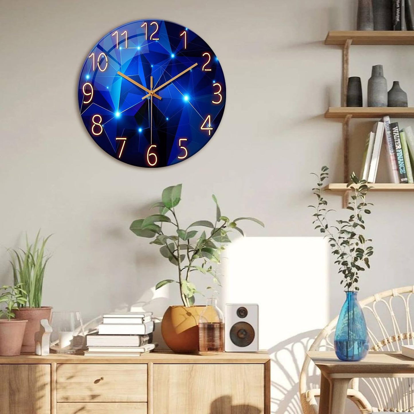 Blue Wall Clock for Living Room Decor Kitchen Wall Clocks Battery Operated 12 Inch Round Glass Decorative Wall Clock Non Ticking