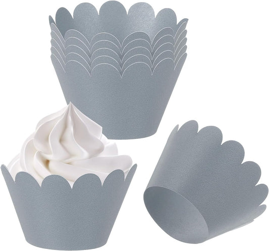 PATIKIL Cupcake Wrappers Paper, 50 Pack Baking Cups Standard Wave Decoration for Anniversary Birthday Weddings and Parties, Silver/Black