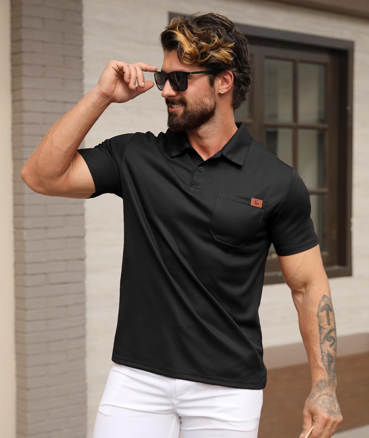 GEEK LIGHTING Mens Waffle Texture Polo Shirts Short Sleeve Casual T-Shirts Moisture Wicking Collared Golf Shirt with Pocket