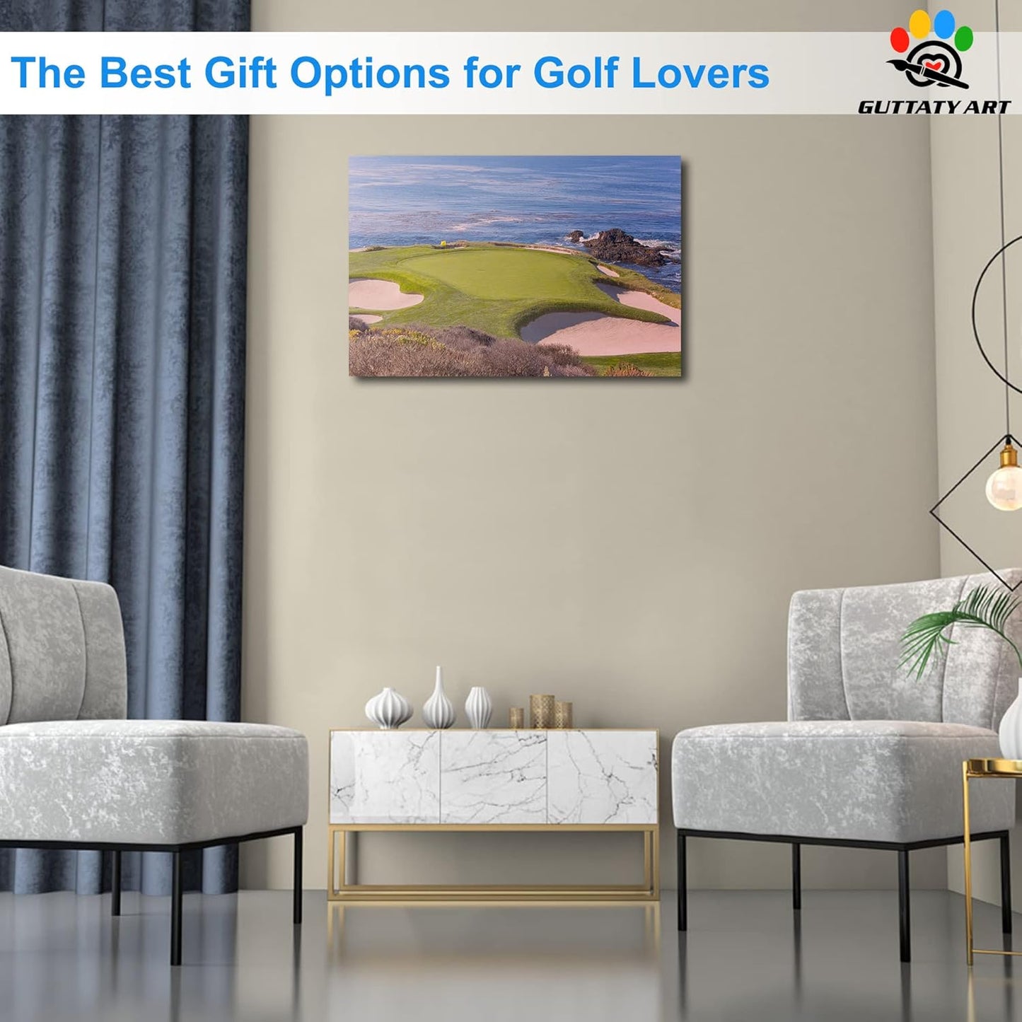 Beach Golf Canvas Wall Art - Pebble Course Picture Print for Living Room, Sport Poster Painting for Bedroom Office Decoration, Framed Artwork for Home 12x18 Inches