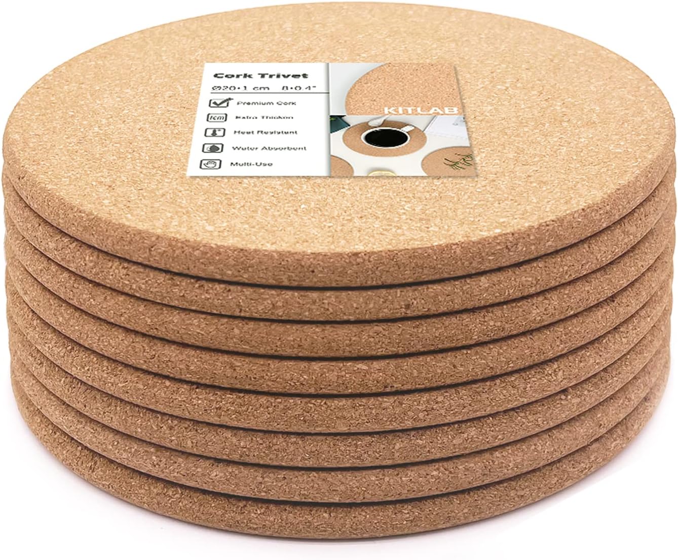 Cork Trivet, 8 Pack High Density Thick Cork Trivets for Hot Dishes, 8 Inch Heat Resistant Large Coaster for Kitchen, Hot Pads for Table & Countertop