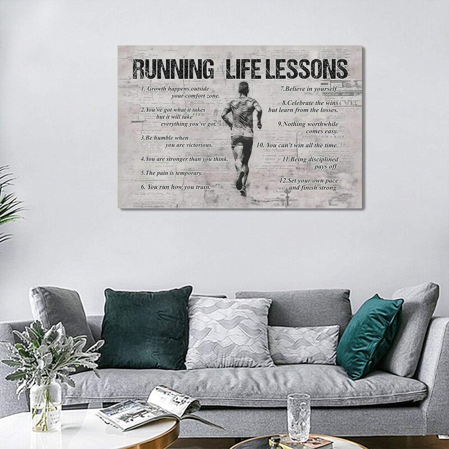 Running Life Lessons Wall Art Running Sports Wall Decor Running Sign Retro Poster Boy Men Motivational Decorations Canvas Print Painting Artwork for Bedroom Bathroom Living Room Gym 24"x16"
