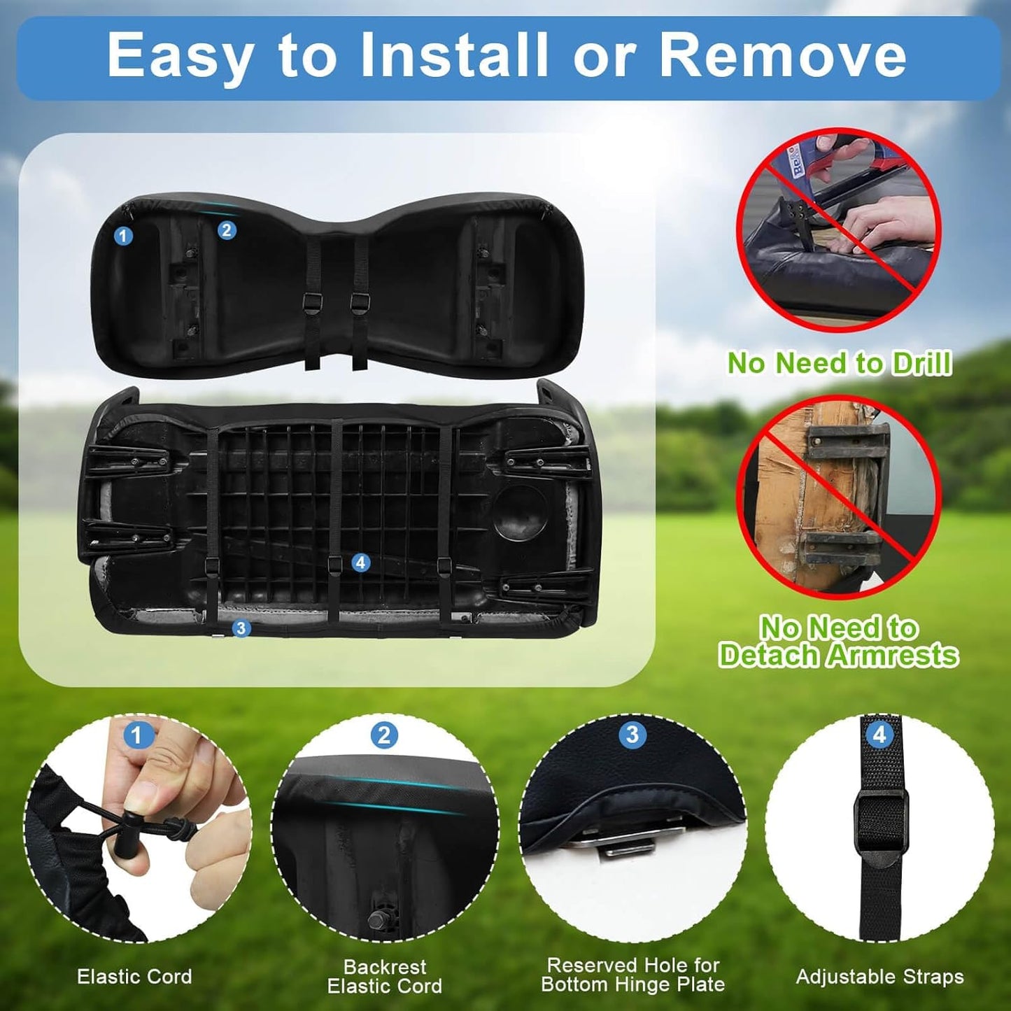 MOSNAI Yamaha Golf Cart Front Seat Cover for Drive G29 2007-2016 OEM Ordinary Seat Cushion, Breathable Polyester Mesh Cloth and Leather Combination Appearance, No Need Detaching Armrests