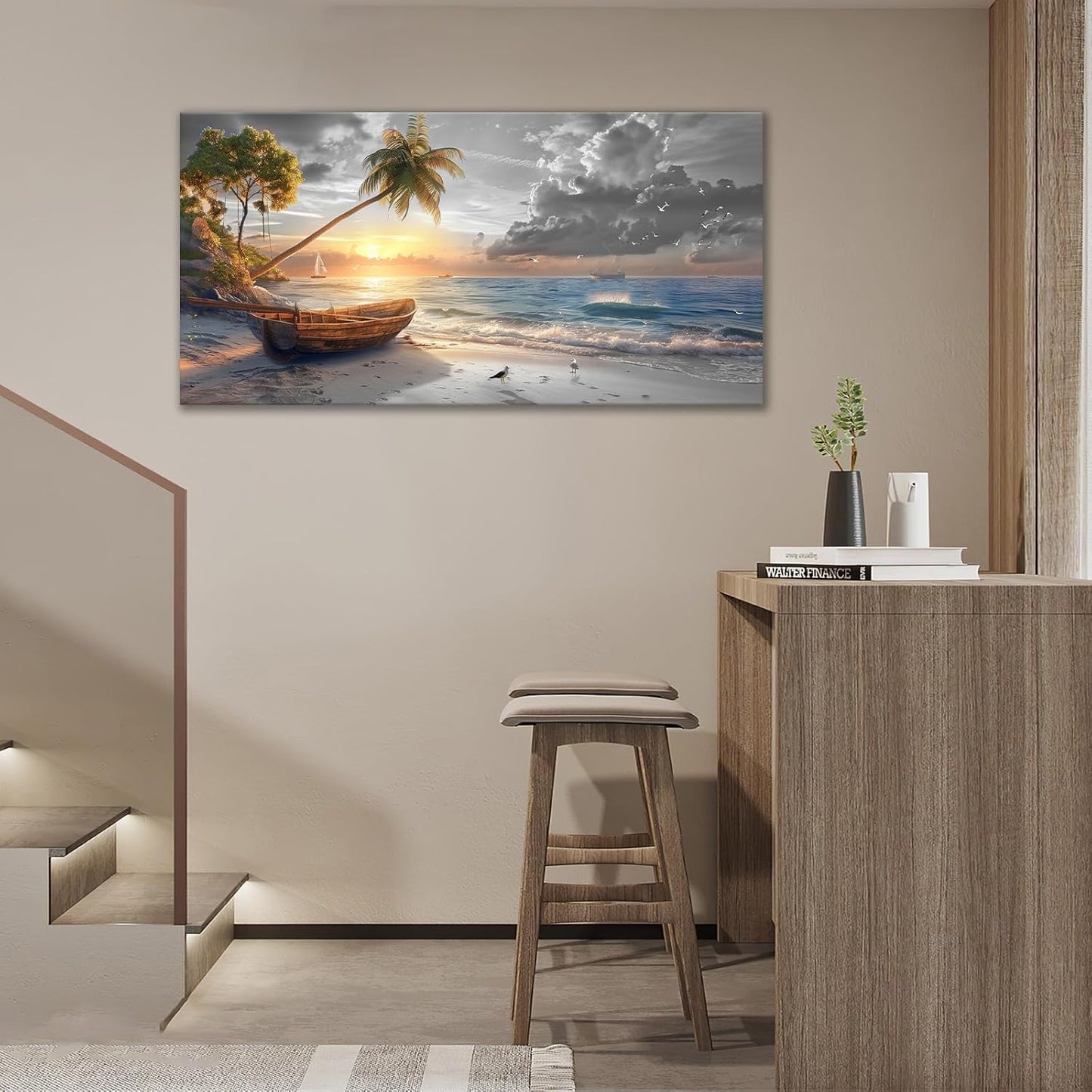 Large Coastal Living Room Wall Art Summer Beach Canvas Wall Decor Black White Ocean Seascape Pictures Painting Hawaii Scenery Home Decoration Giant Boat Seagull Artwork for Bedroom Framed 30"x60"