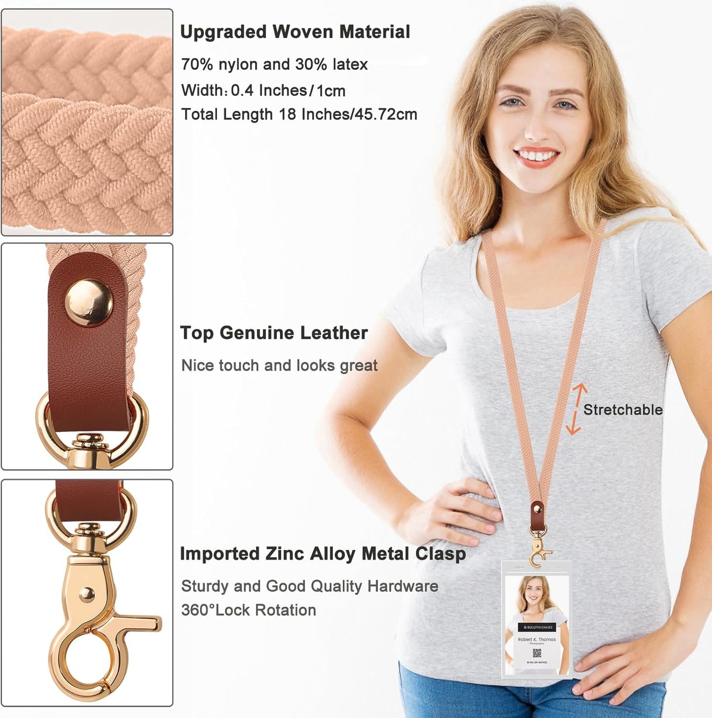 Fishent Stretchy Thin Lanyards for Keys ID Badges, Cute Long Teacher Neck Key Lanyard Keychains for Women Men Wallet Phone（Pink Sands）