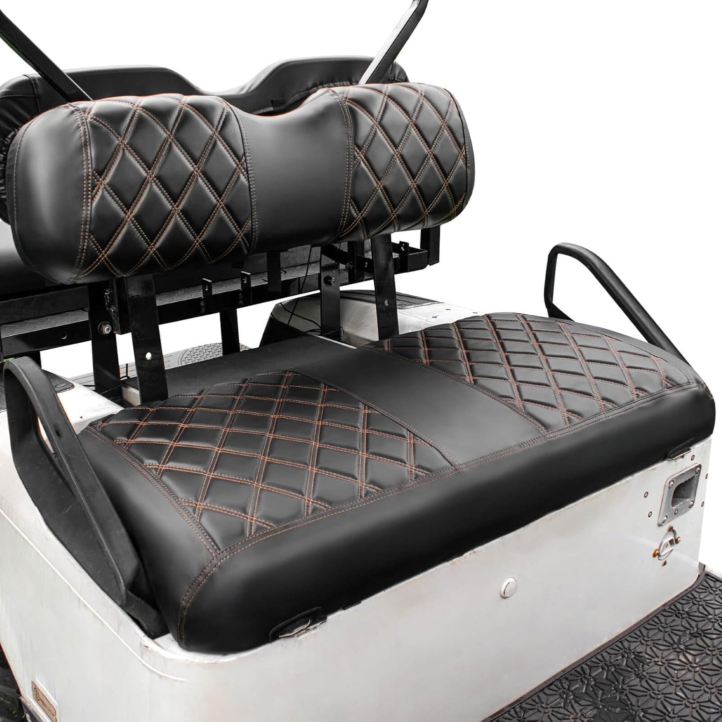 NOKINS Golf Cart Diamond Seat Covers Kit, Fit for EZGO TXT 1994-2013/EZGO RXV OEM Standard Front Seat Cushion, Golf Cart Vinyl Seat Cover, No Nails Required (Black and Brown Stitching)