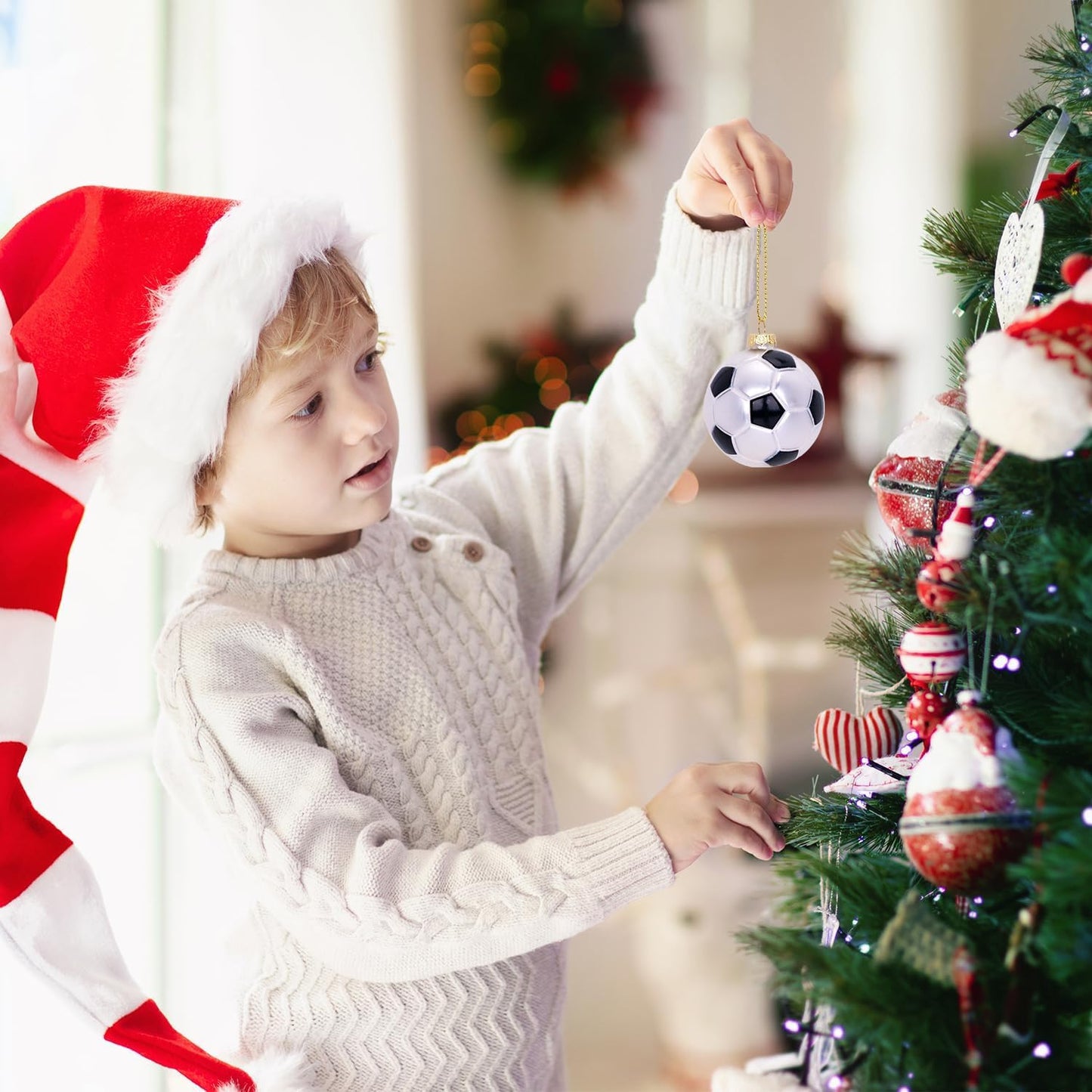 3.15” Christmas Soccer Ball Glass Blown Ornament, 2025 Hand-Painted Sports Ball Decoration for Xmas Tree Holiday Decor Gifts