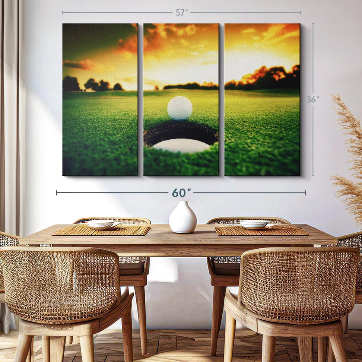 ElephantStock Golf Ball Wall Art - Horizontal Canvas - 3-Piece Living Room Wall Decor - Photography Sports Canvas Print - Orange and Yellow Decor for Wall - 57" X 36"