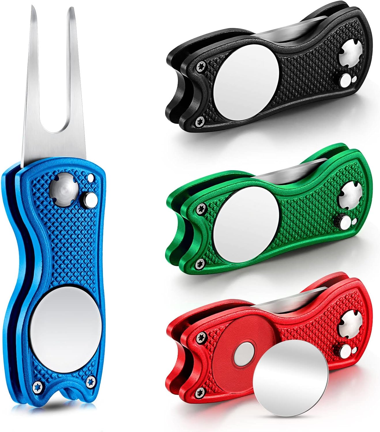 Skylety 4 Pcs Golf Divot Repair Tool Metal Foldable Golf Divot Tool with Magnetic Pop-up Button Ball Marker Stainless Steel Switchblade for Golfers Prizes