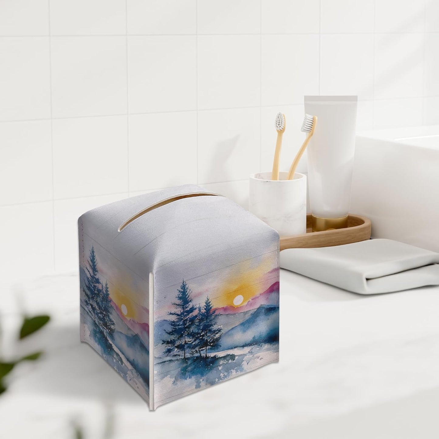 Winter Pine Tree Tissue Box Holder, Winter Forest Landscape Leather Tissue Box Cover Square, Paper Facial Decorative Tissues Cover for Night Stands Bathroom Kitchen Office Home Decor-B22