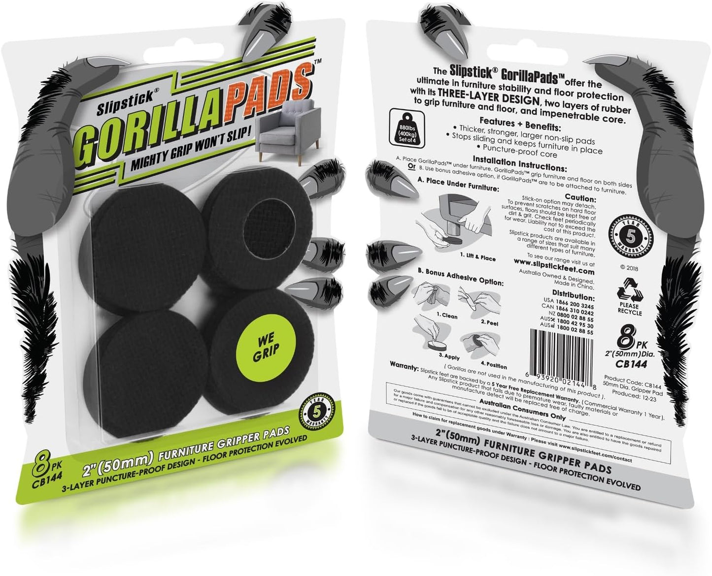 Slipstick GorillaPads CB144 Non Slip Furniture Pads/Grippers (Set of 8) Furniture Feet Floor Protectors, 2 Inch Round, Black