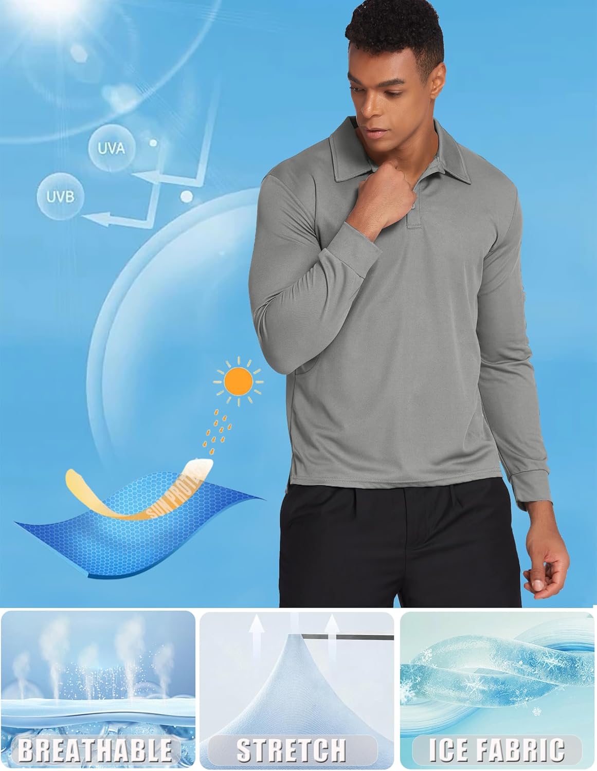 Deyeek Men's Polo Shirts Long Sleeve Golf Polo Shirts for Men Quick Dry UPF 50+ Sun Protection Polos Casual Collared Shirts