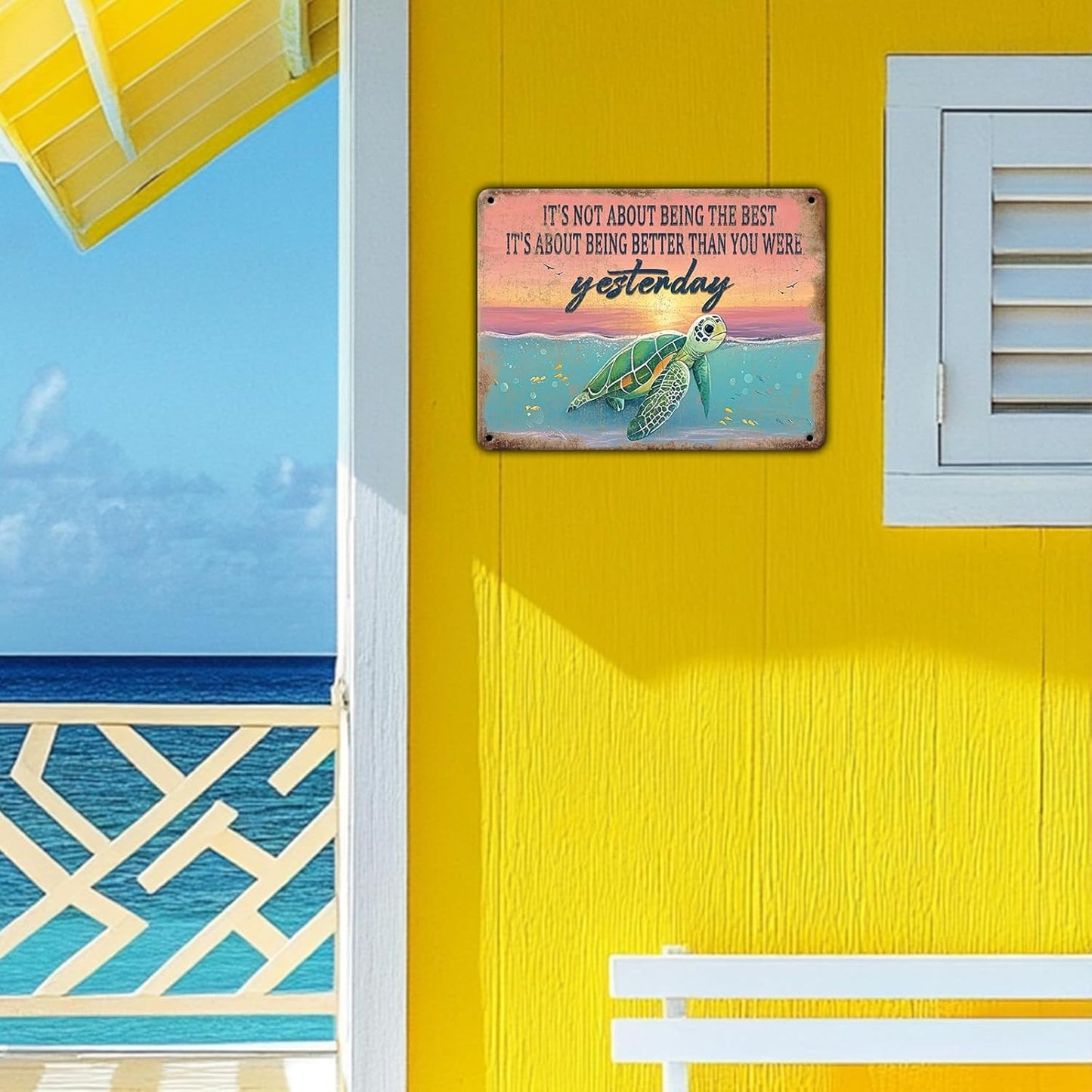 Vintage Sea Turtle Poster Metal Sign It's Not About Being The Best Sign Funny Retro Sign Restaurant Home Man Cave Wall Decor Signs 12x16 Inch