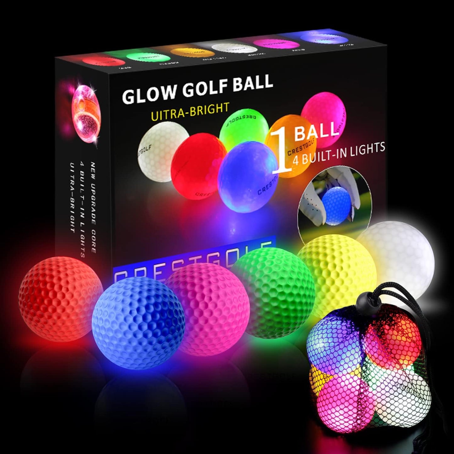 Crestgolf 4 Built-in Lights Glow Golf Balls | 300-hr Lighting Time Glow in The Dark Golf Balls | 3-Layer Design Light up Water Resistant LED Night Golf Ball(Multicolor 6pcs&3pcs