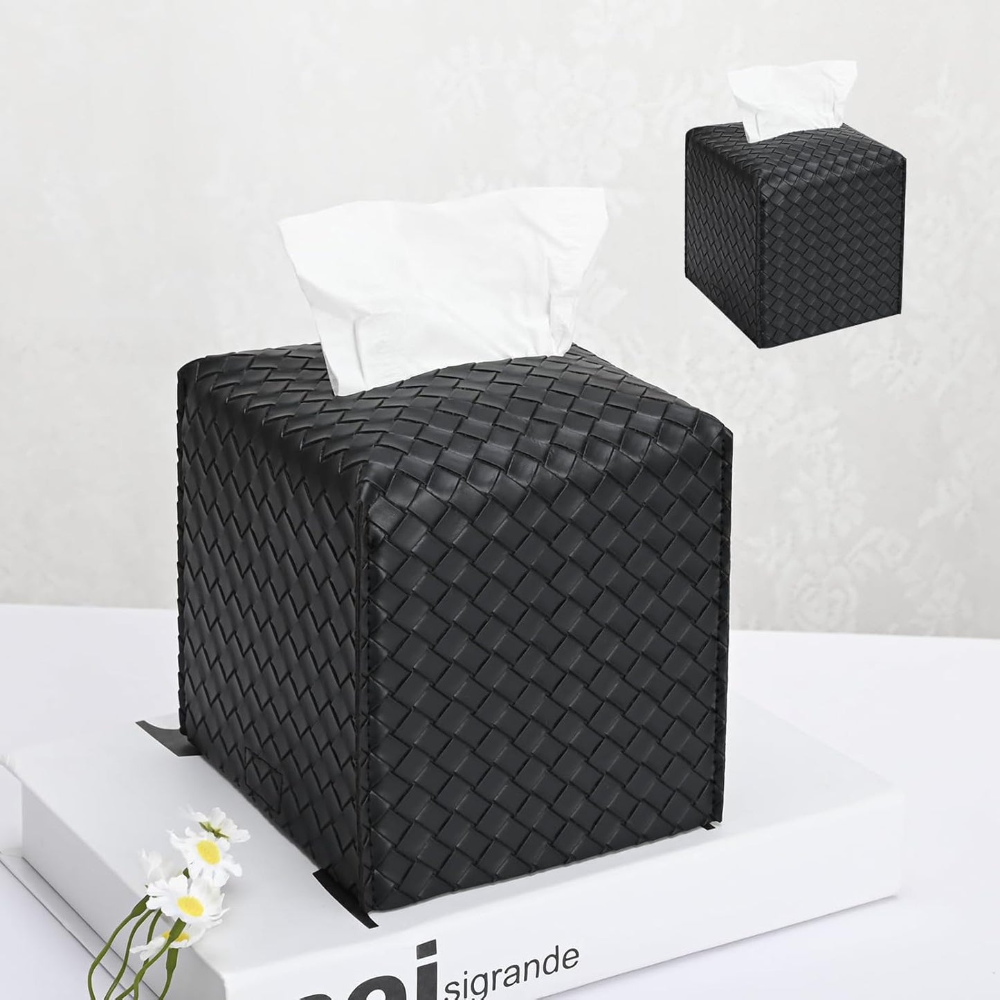 HOMOTEK 2 Pack Tissue Box Cover, Square PU Leather Tissue Holder, Decorative Facial Tissue Cube Paper Organizer Dispenser for Bathroom, Night Stands, Desk, Car 5X5X5'' - Woven Waffle,Dark Black