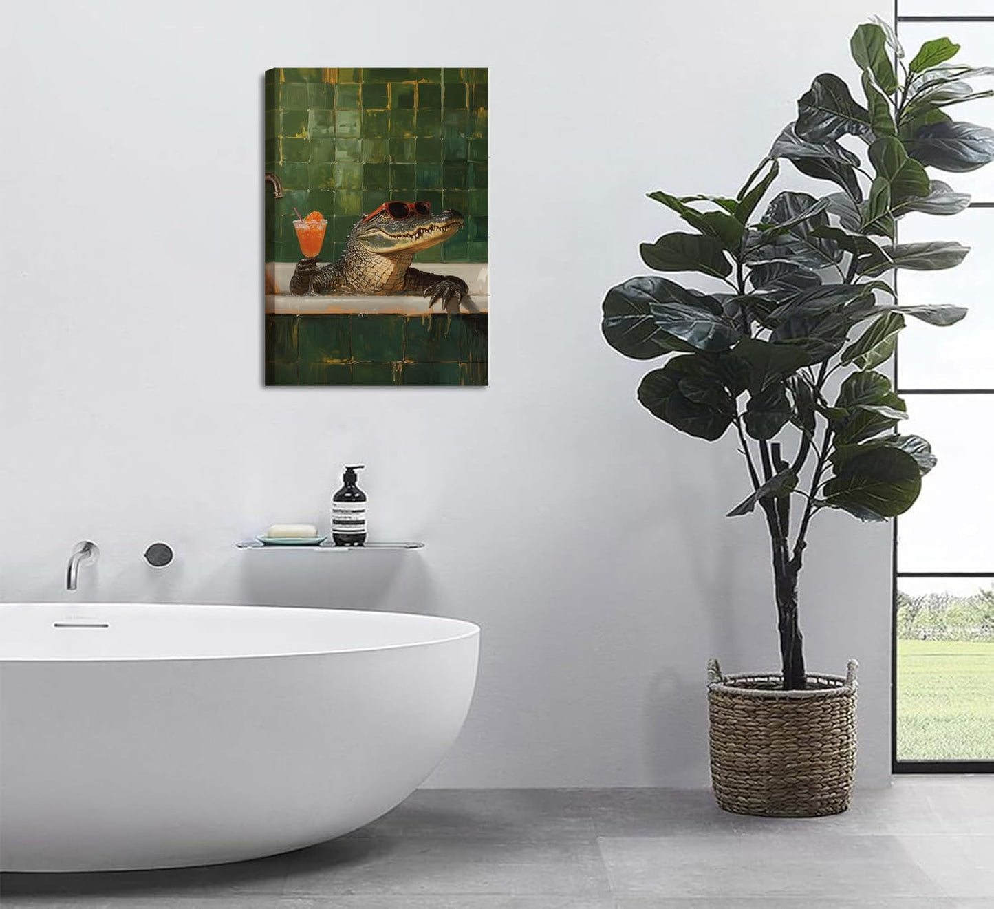 Animal Bathroom Wall Art Funny Crocodile Painting Picture Wall Decor Crocodile Sitting in The Bathtub Drinking Cocktails Poster Print Artwork for Toilet Bathroom 12x16 Inch Framed
