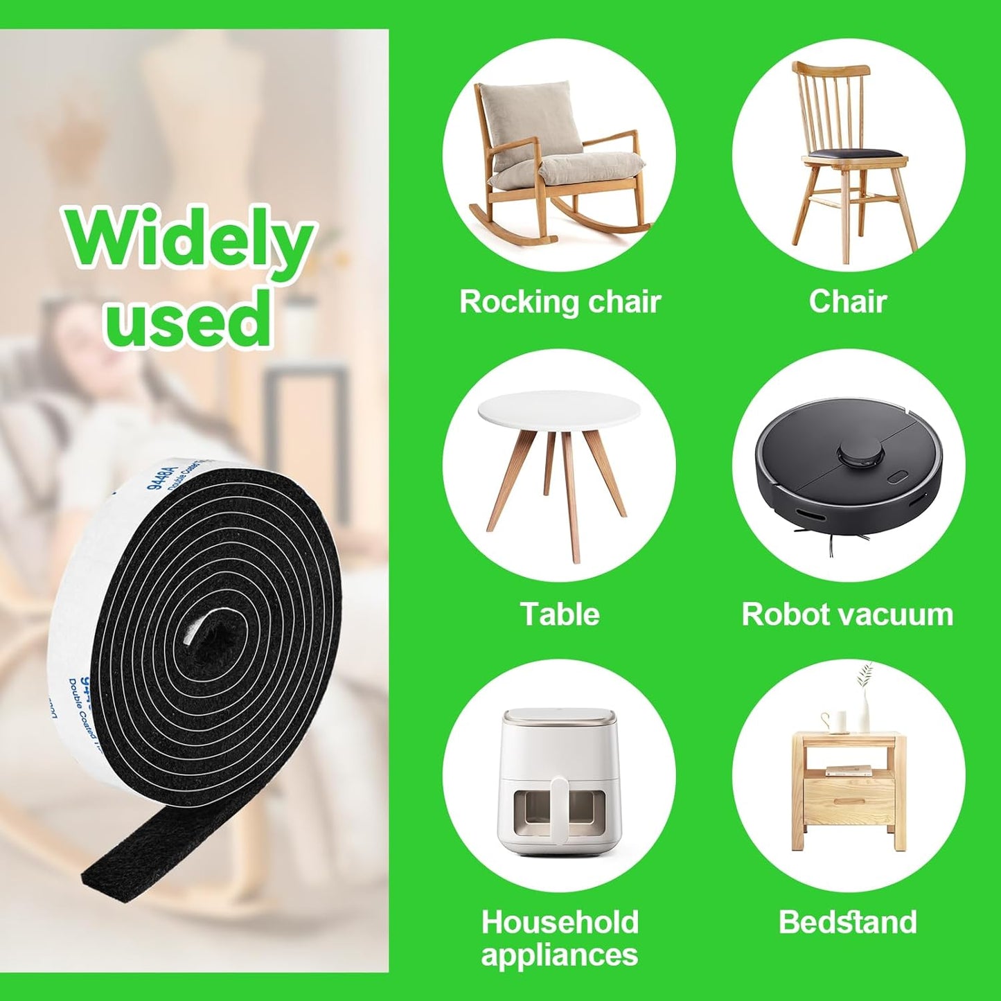 Felt Strips with Adhesive Backing, Felt Tape with Adhesive Backing, Felt Furniture Strips 2 Pack Roll 1/2x 60 Inches Black, Felt Strips for Furniture