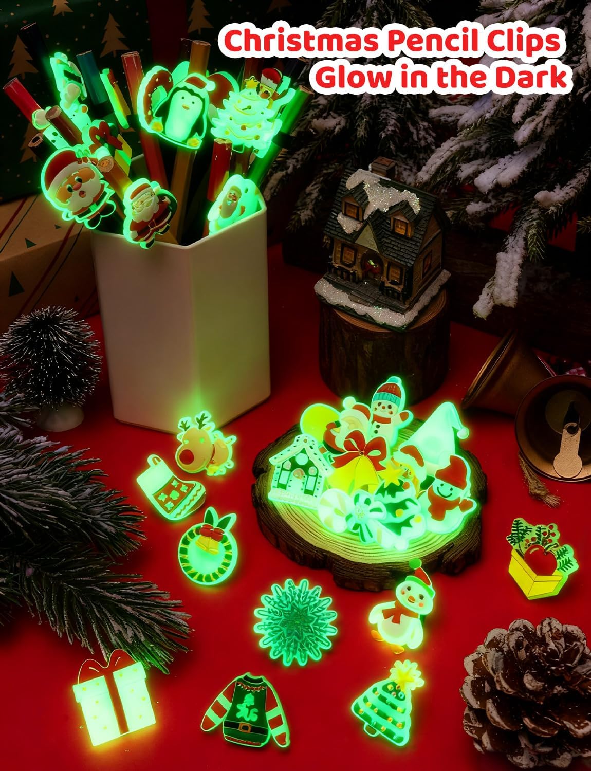 WDAHDHP Christmas Glow in the Dark Pencil Clips, 50Pcs Cute Luminous Pencil Charms Topper for Kids Students School Gifts Classroom Rewards