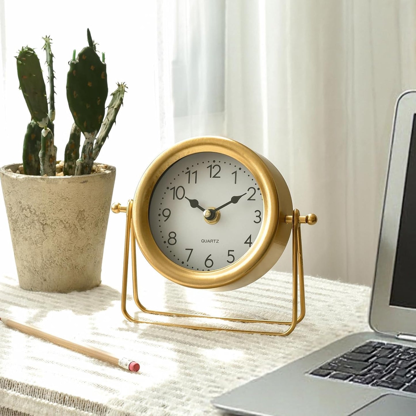 Small Gold Desk and Shelf Clock, 6.9*5.9 Inch Retro Elegant Tabletop Clock with Glass Cover, Silent Non-Ticking Battery Operated Decorative Clock for Living Room, Office, Bedroom, Gift Idea