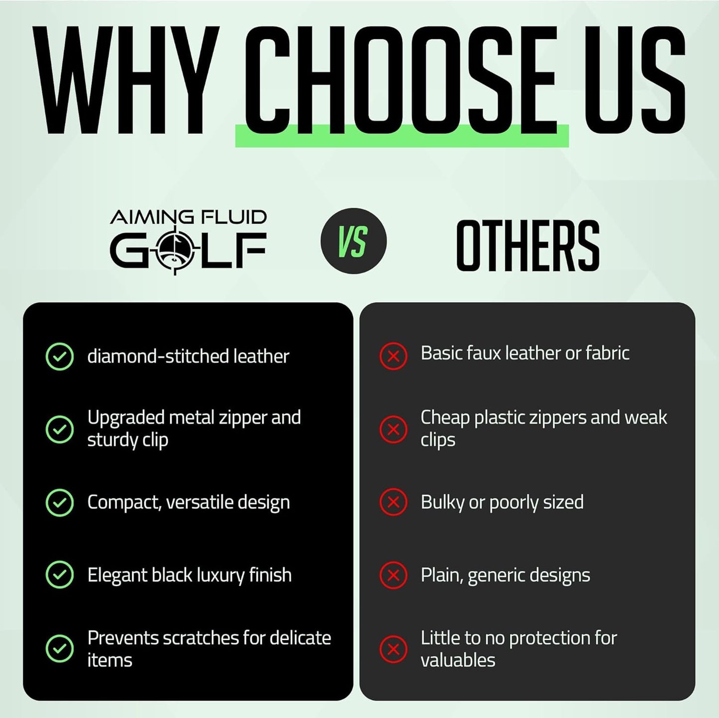 Premium Leather Golf/Travel Valuables Pouch – Luxury Zippered Utility Bag I Diamond Stitching I 360° Swivel Clip I Soft Interior for Golf Accessories & Travel Essentials (Black)