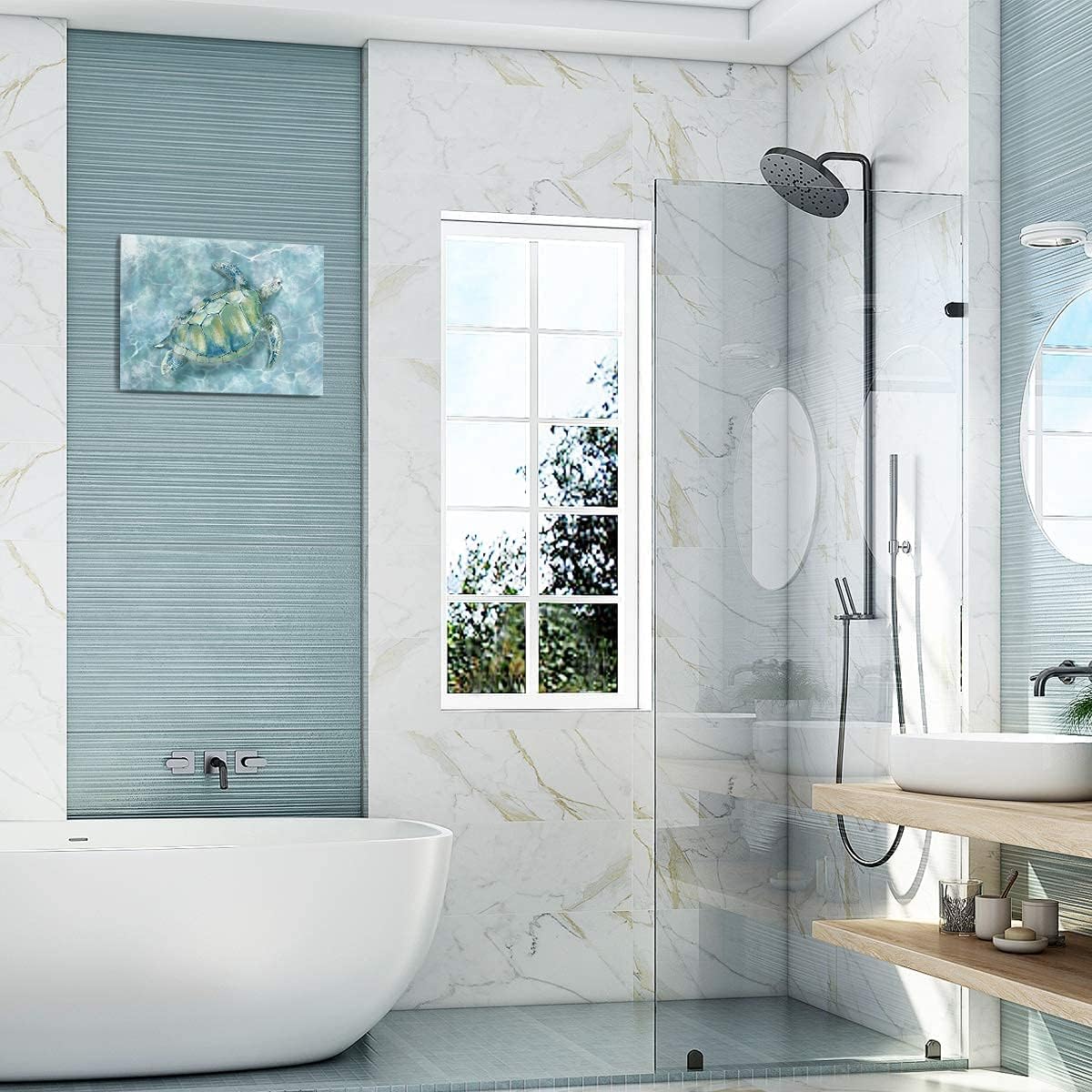 YJYart Bathroom Wall Decor Sea Turtle HD Pictures Print on Canvas Wall Art for Bedroom Kitchen Blue Coastal Room Decorations Art Work Green Turtle on Blue 12x16 inches