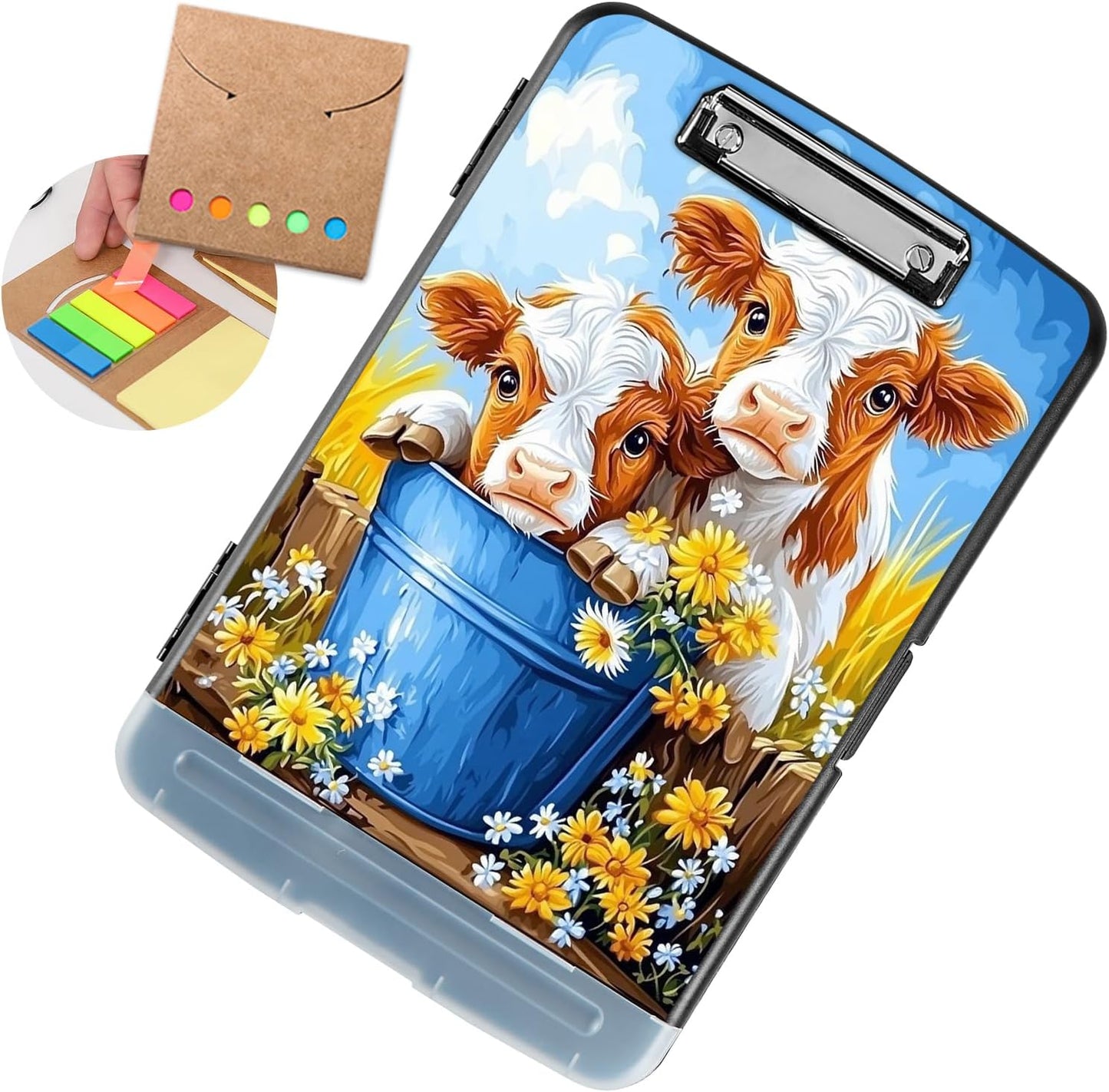 Clipboard with Storage - Large Capacity,Nursing Clipboard with Pen Holder,Heavy Duty,Plastic Side-Opening Folder for Teacher,Nurse - Cute Cows Bucket