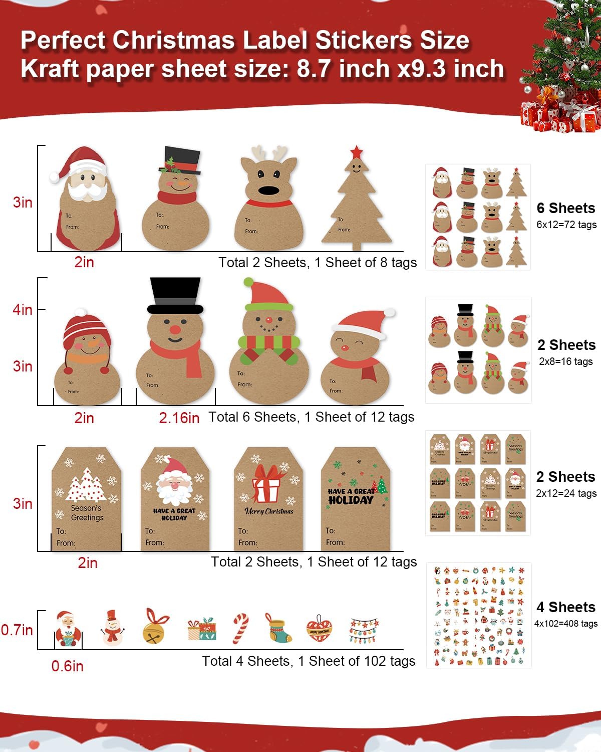 520Tags Christmas Gift Tags Stickers, Self-Adhesive Christmas Name Tags, Vintage Christmas Labels for Presents, Holiday Cute Kraft Xmas Kids Stickers for Boxes, Envelopes,Wrapping Paper,Packages,Cards