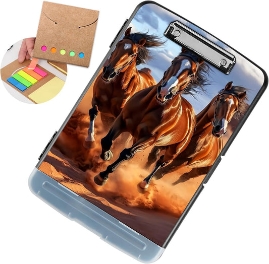 Clipboard with Storage - Large Capacity,Nursing Clipboard with Pen Holder,Heavy Duty,Plastic Side-Opening Folder for Teacher,Nurse - Brown Running Horses