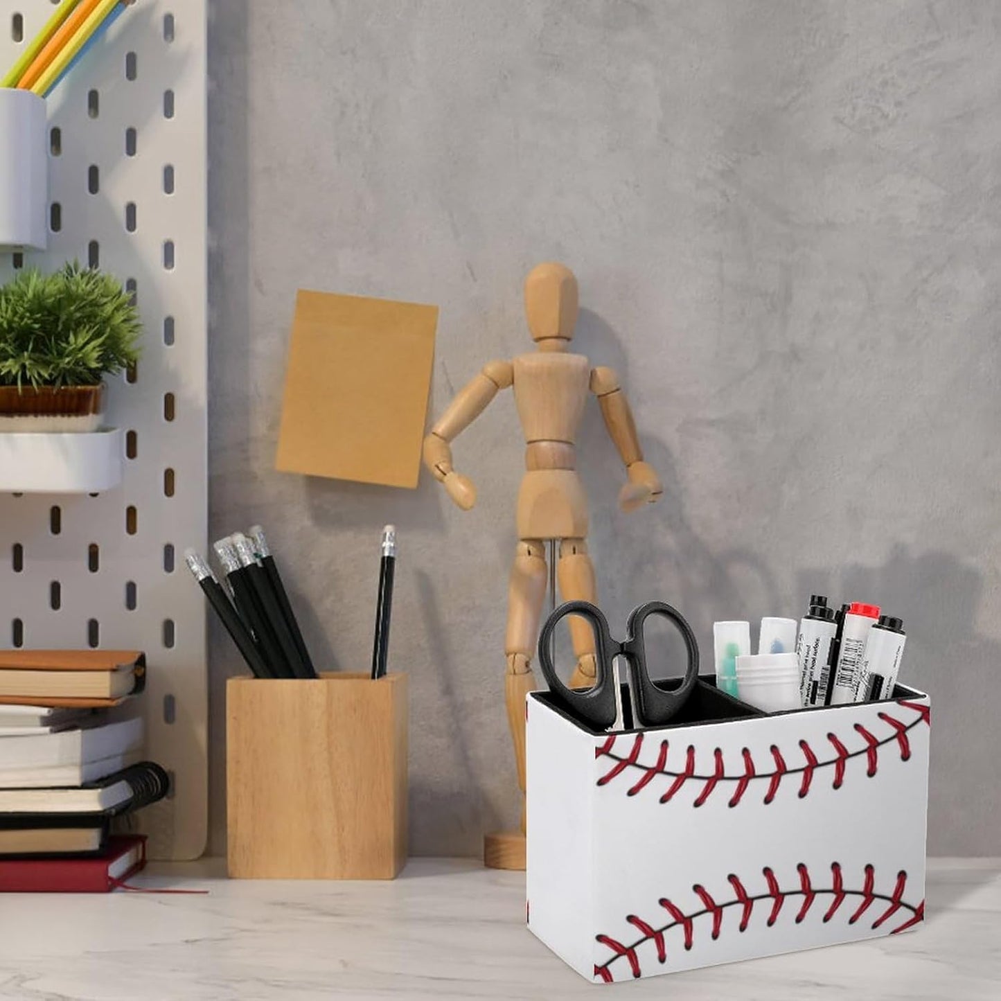 Pen Holder, Pencil Holder for Desk Organizer, Ball Baseball Stitches Sport PU Leather Pencil Cups Desktop Stationery Storage Makeup Brush Holder Pen Organizer for Office Home
