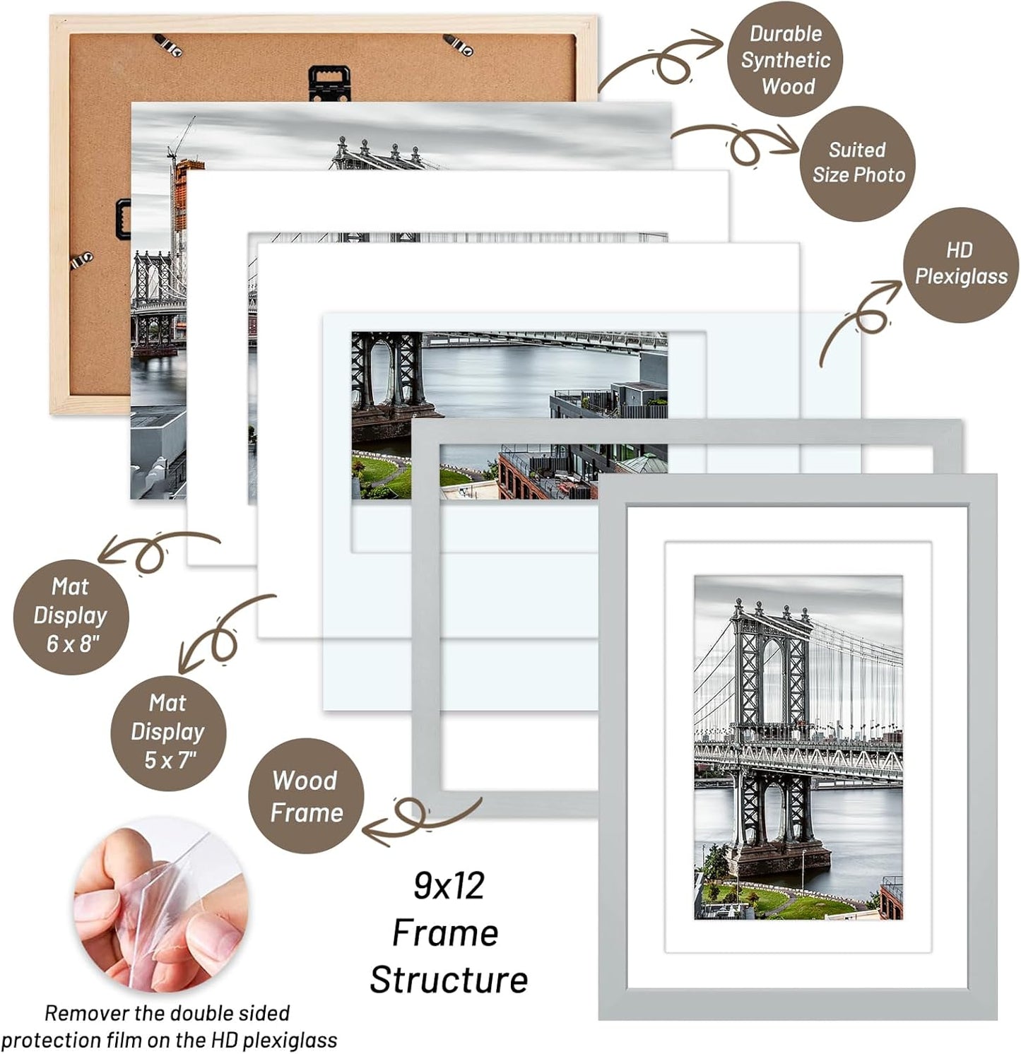 9x12 Picture Frames with Solid Wood Display - 6x8 or 5x7, or 9x12 Frame for Poster - 2 Mats for Wall or Table (Gray)