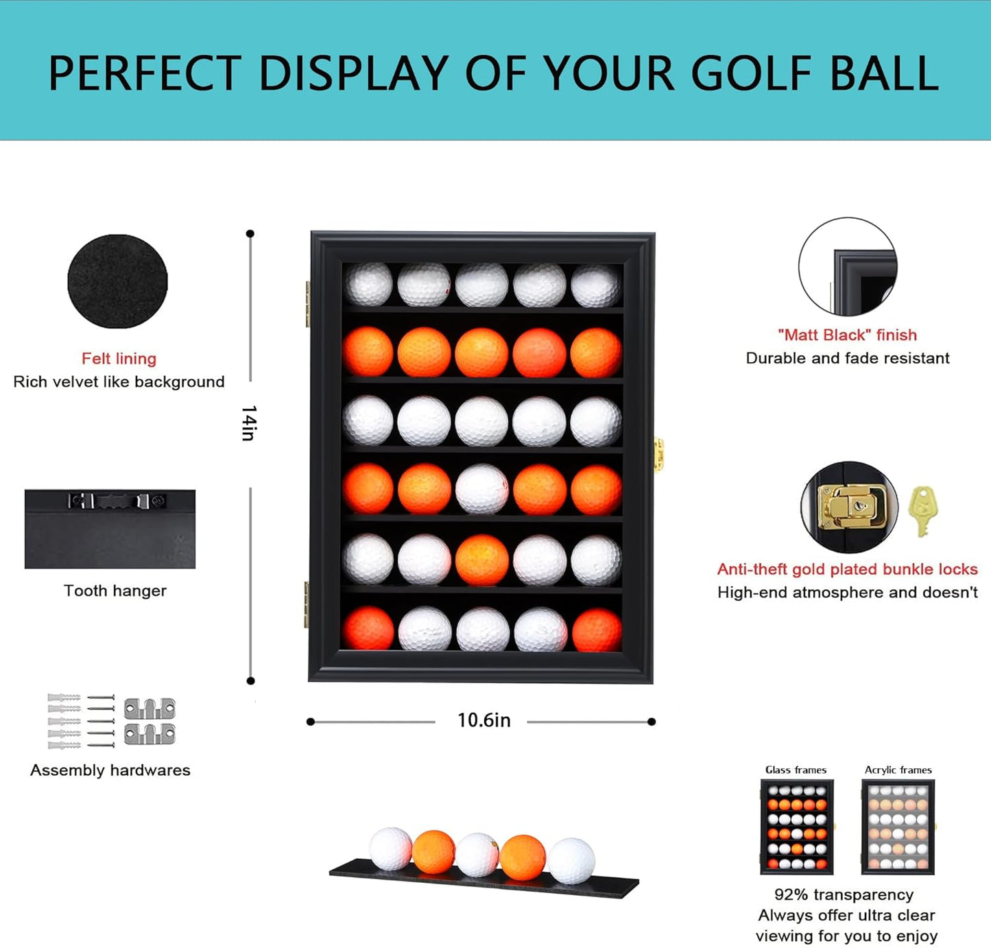 KCRasan Golf Ball Display Case - Wall Mounted Holder with Glass Door, Ideal Gift for Golf Enthusiasts