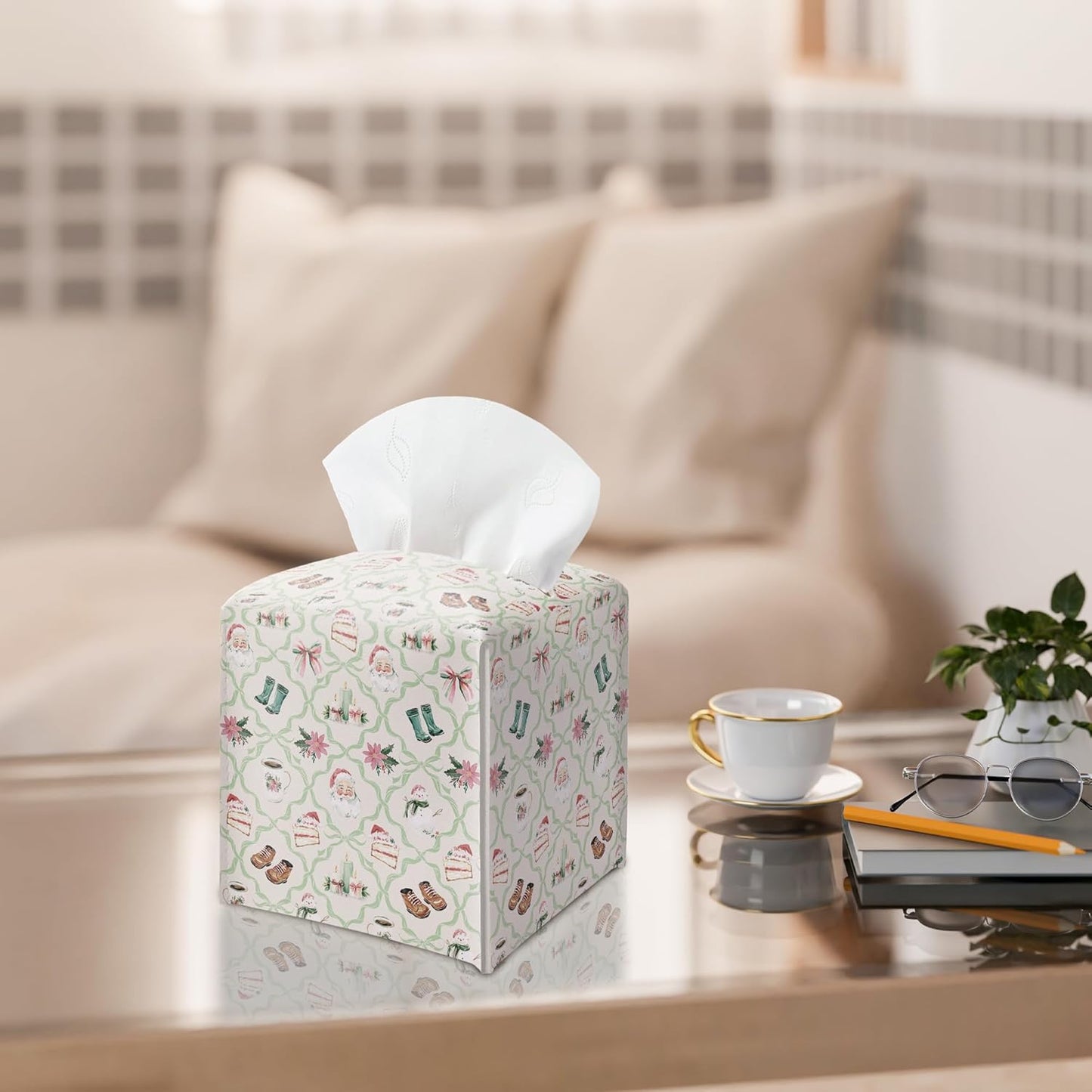 Christmas Tissue Box Holder, Watercolor Doodles Christmas Leather Tissue Box Cover Square with Bottom Belt, Paper Facial Decorative Tissues Cover for Bathroom Office Home Decor-B05