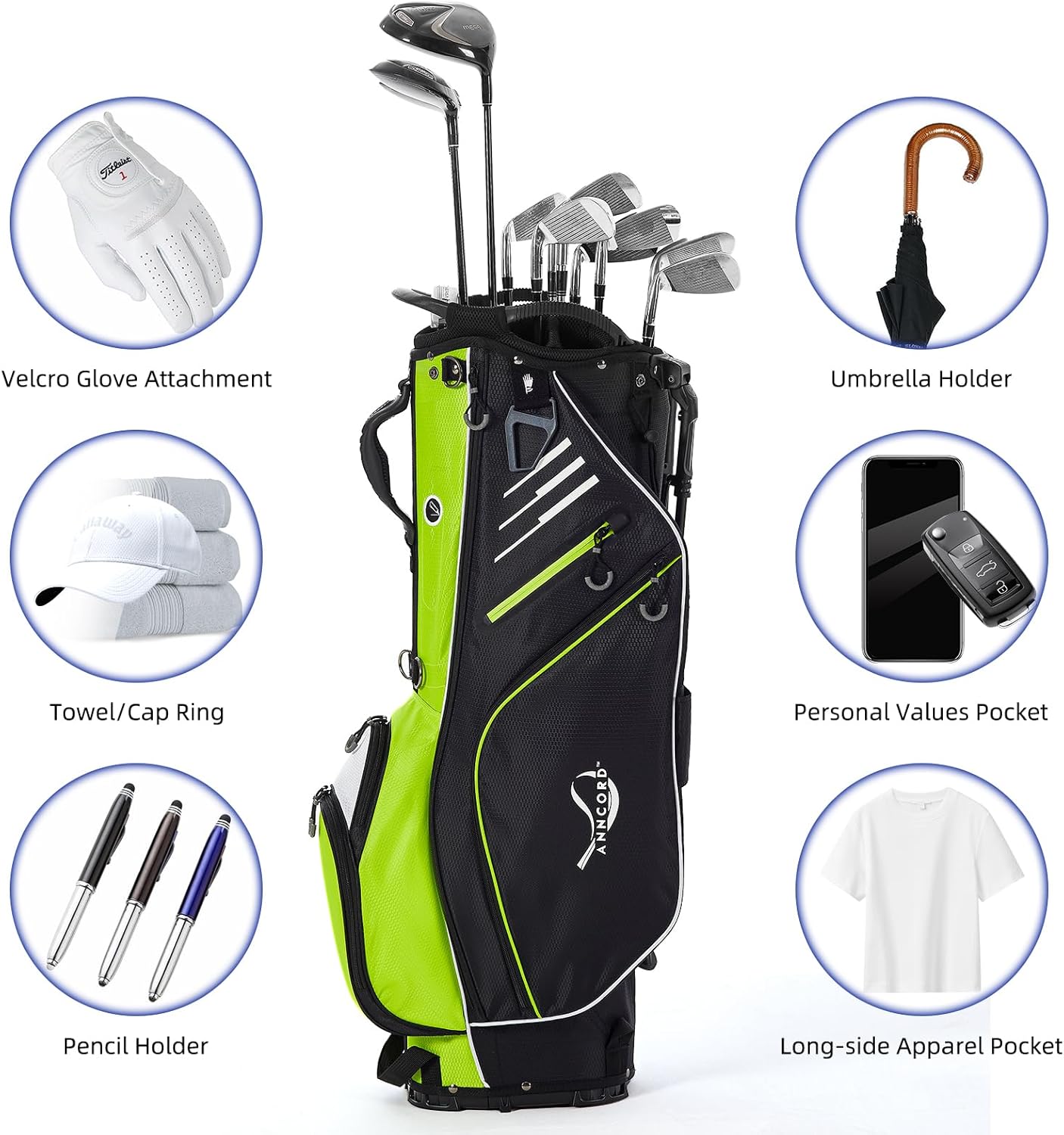 Golf Stand Bag 14 Way Top Dividers Full-Length with Stand, 8 Pockets, Cooler Pouch, Waterproof Golf Bag for Men, Dual Strap, Rain Hood