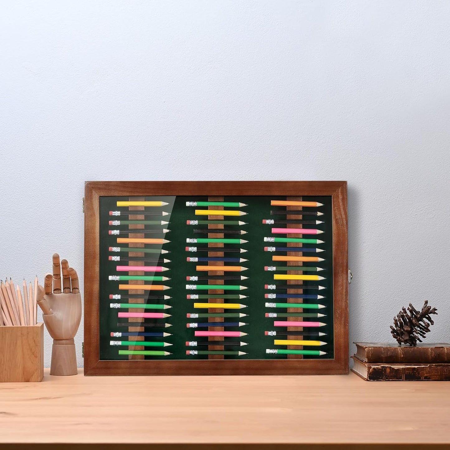 Golf Pencil Display Case Holds 51 Round or Octagonal Golf Pencils Wood Wall Mount Clear Display Case with Acrylic Dust UV Cover