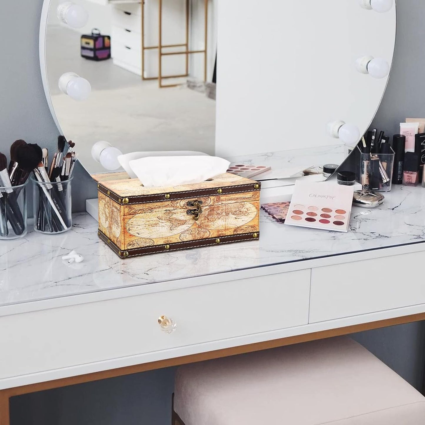 Sumnacon Tissue Box Cover Rectangle Wooden Tissue Box with Lid, Vintage Tissue Box Holder with Retro Pattern, Rustic Tissue Cover for Bathroom Toilet Living Room Table Desk Office Decor, Yellow Map